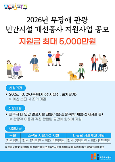 파주도시공사, ‘무장애 관광 민간시설 접근성 개선 지원사업’참여업체 모집…  기사 이미지